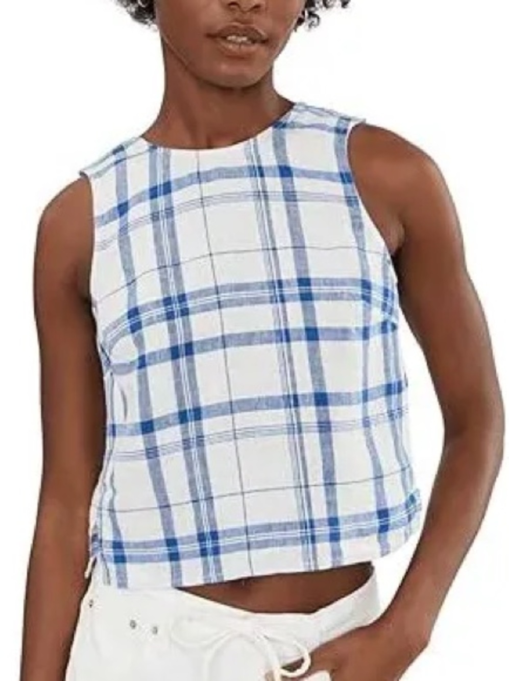 NWT Madewell Linen Plaid Tie Back Top - Blue / White